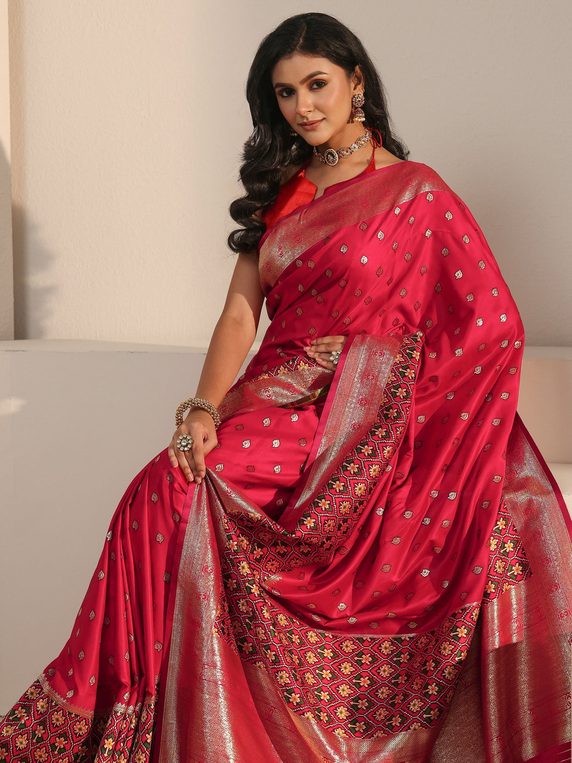 Mameraa Vermillion Red Woven Design Satin Saree