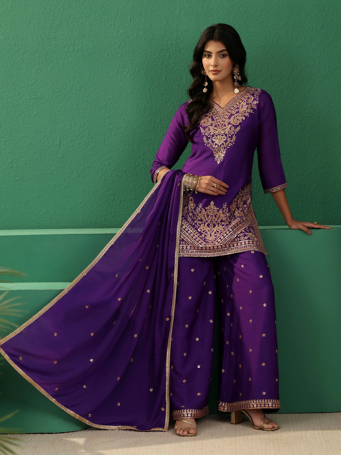 Mameraa Violet Yoke Design Chinon Palazzo Suit Set