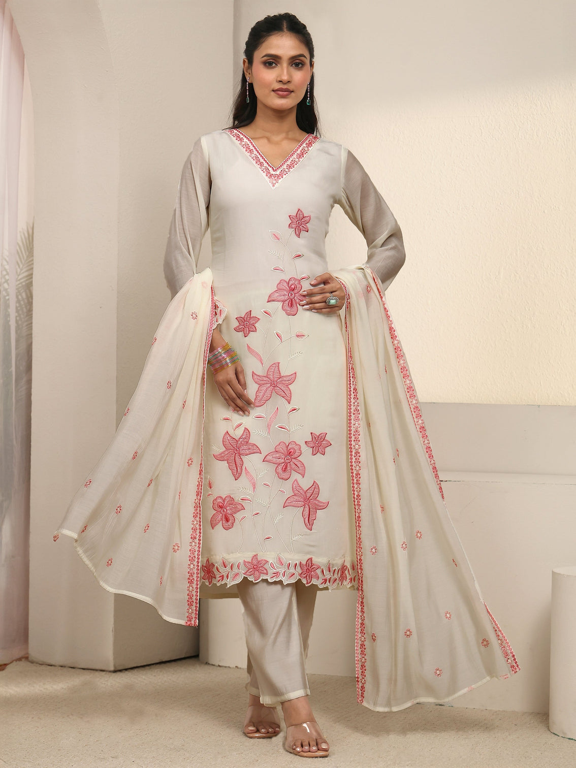 Mameraa White Floral Embroidered Chanderi Cotton Straight Suit Set