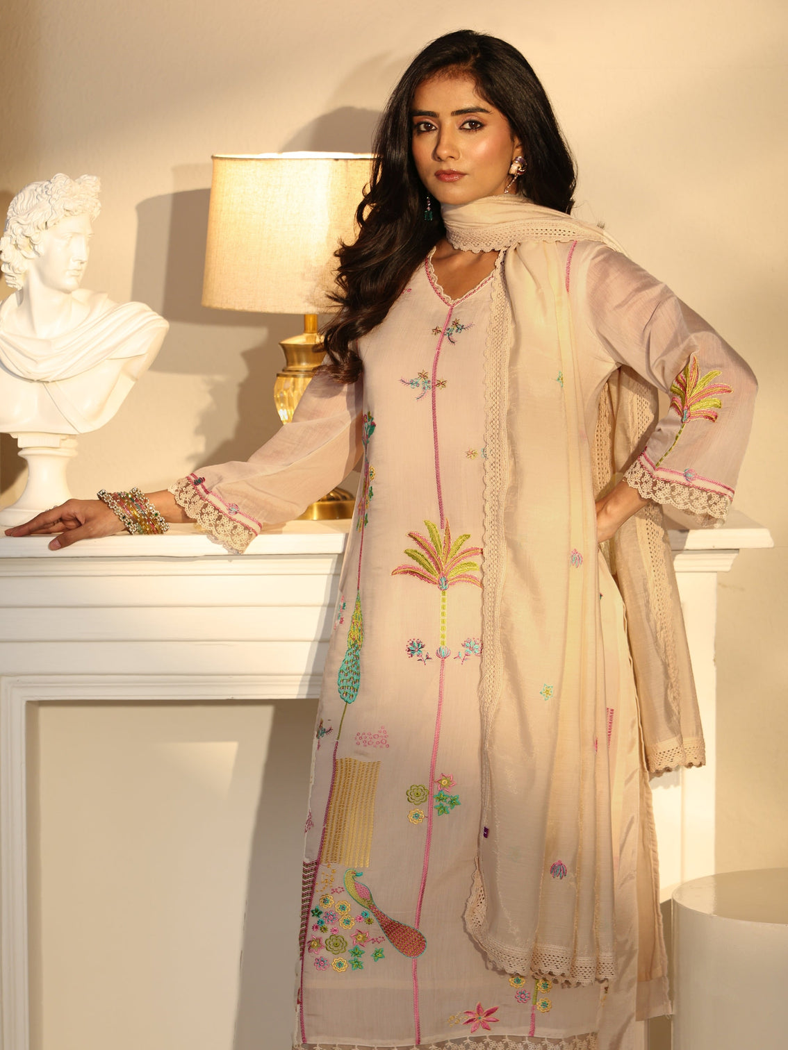 Mameraa White Floral Embroidered Chanderi Cotton Straight Suit Set