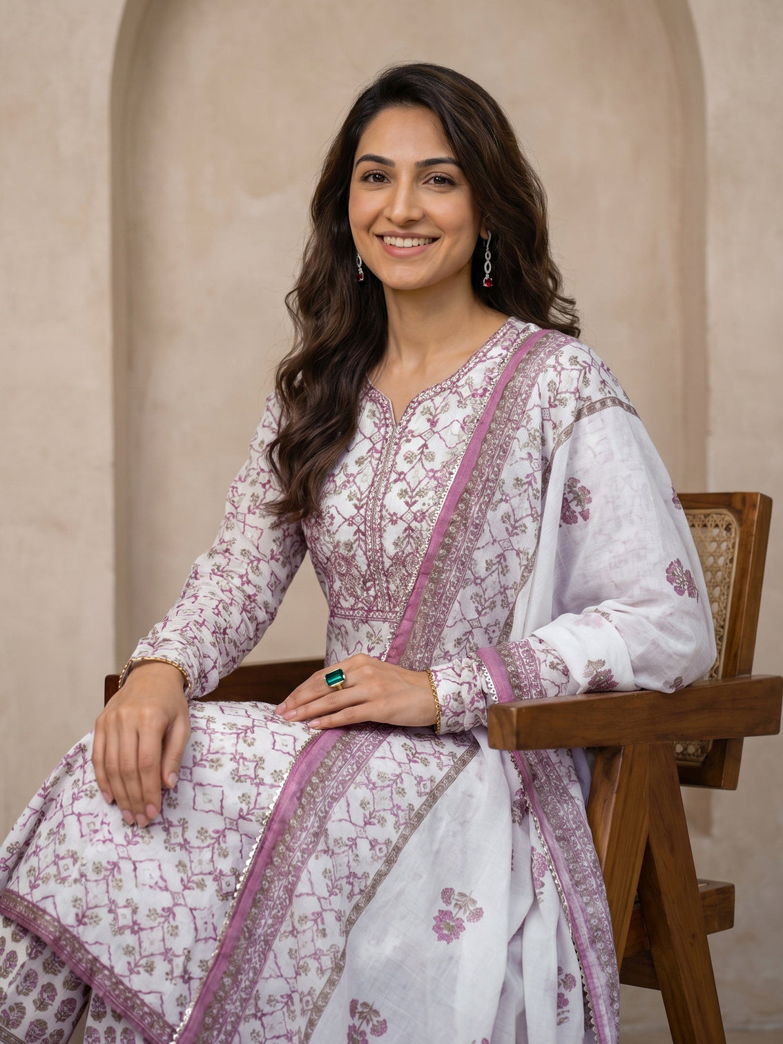 Mameraa White Floral Printed Cotton A-Line Suit Set