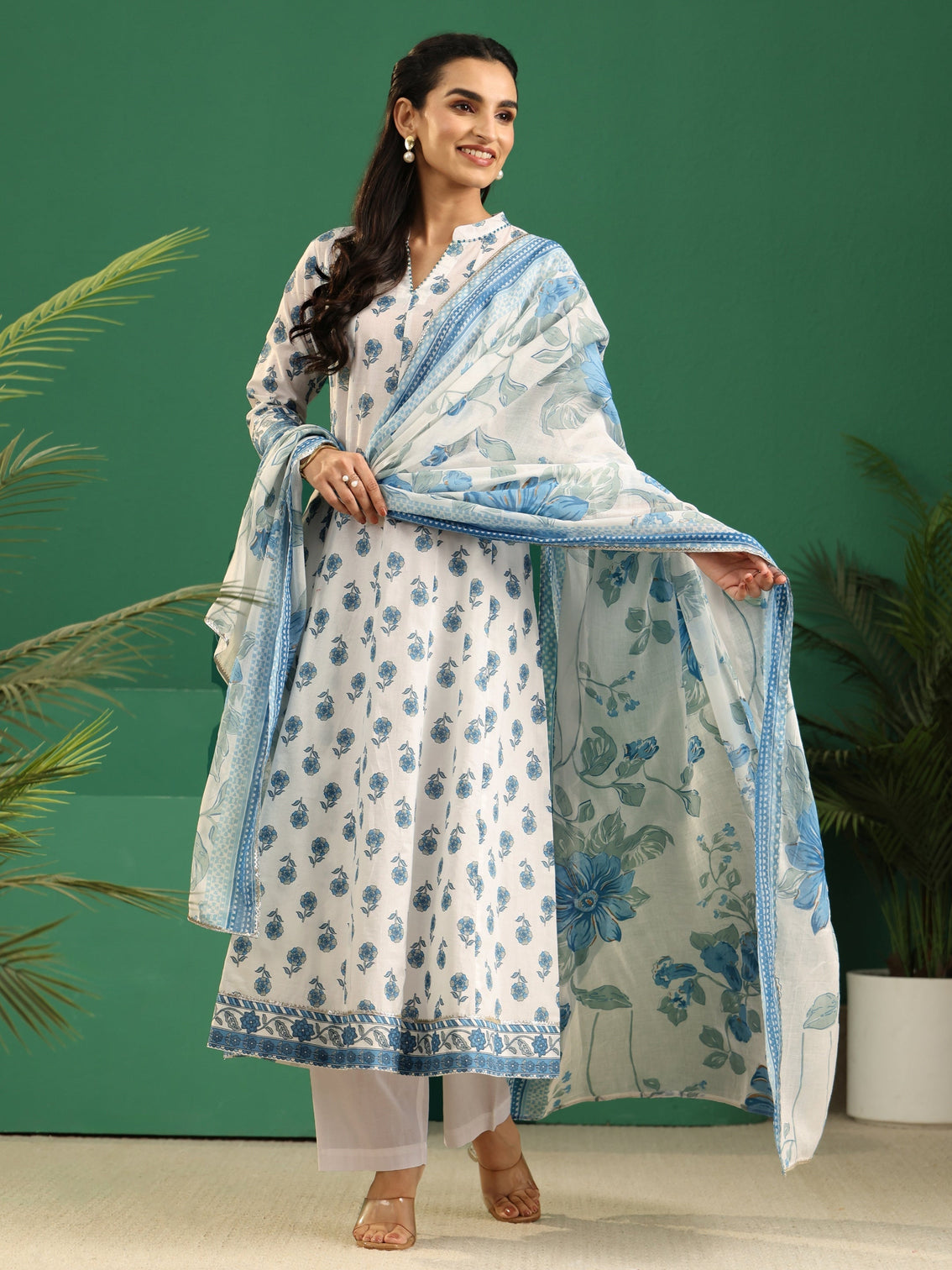 Mameraa White Floral Printed Cotton Anarkali Suit Set