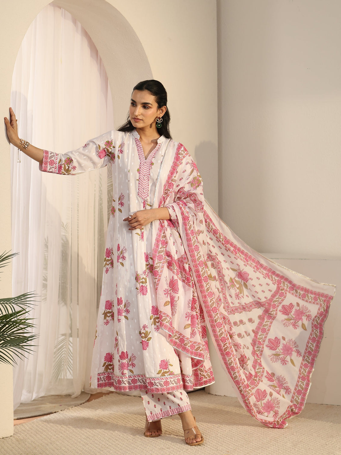 Mameraa White Floral Printed Cotton Anarkali Suit Set
