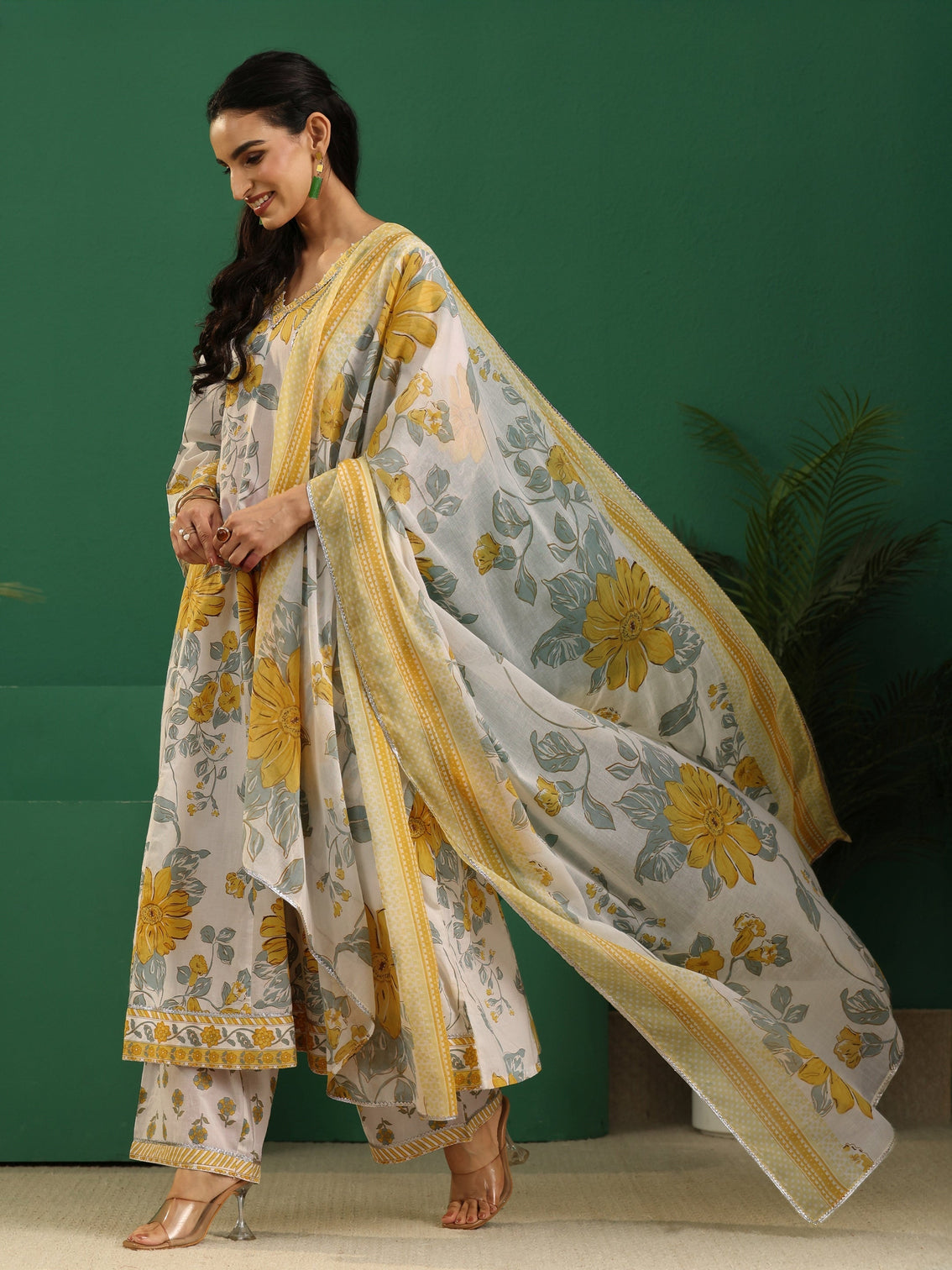 Mameraa White Floral Printed Cotton Anarkali Suit Set