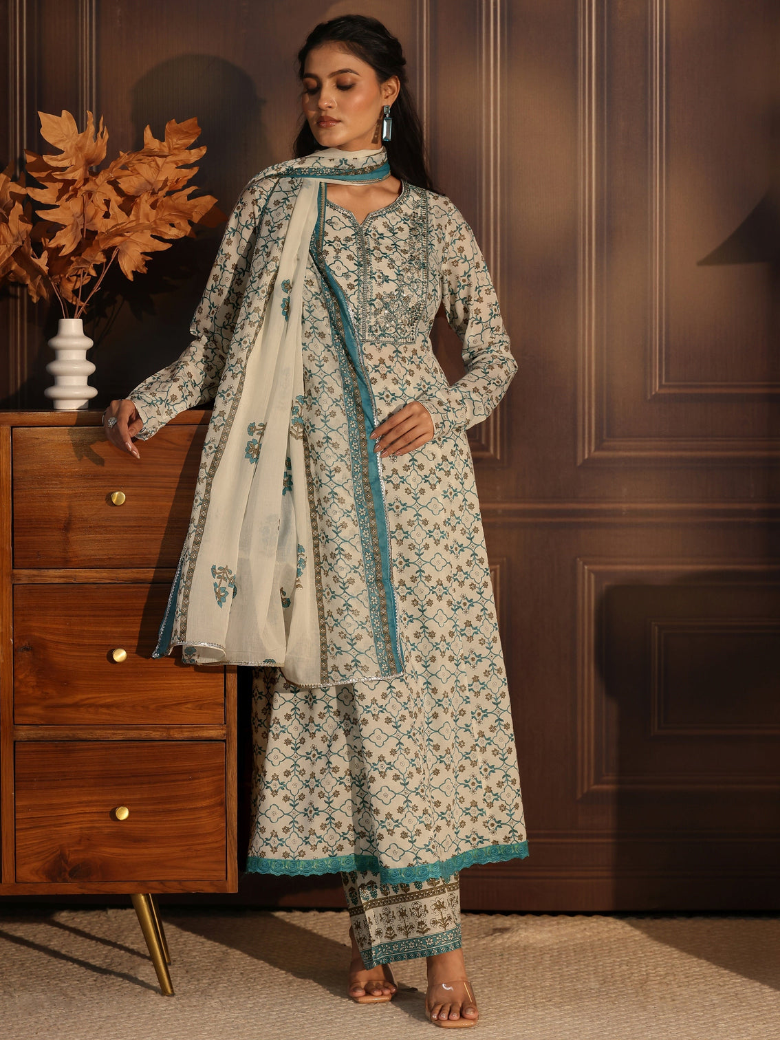 Mameraa White Floral Printed Cotton Anarkali Suit Set