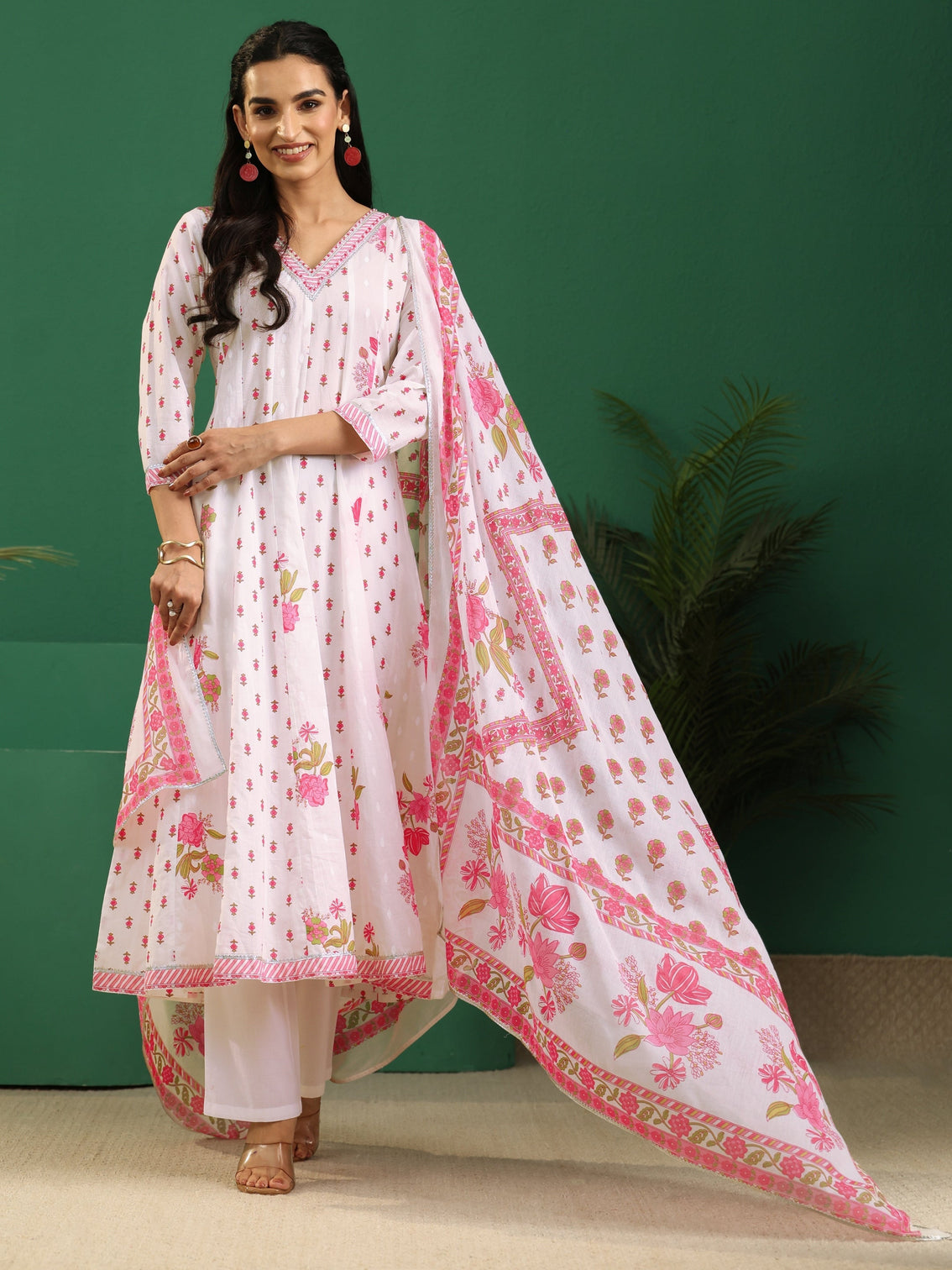 Mameraa White Floral Printed Cotton Anarkali Suit Set