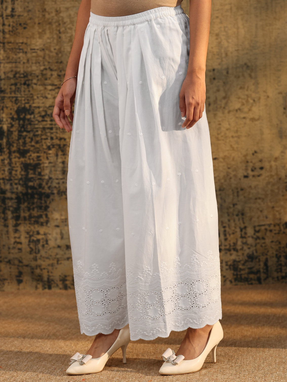 Mameraa White Schiffli Embroidered Wide Leg Palazzo