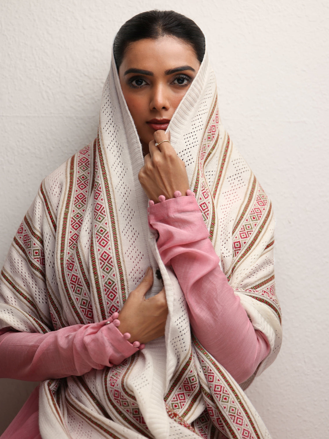 Mameraa White Striped Knitted Acrylic Wrap Shawl