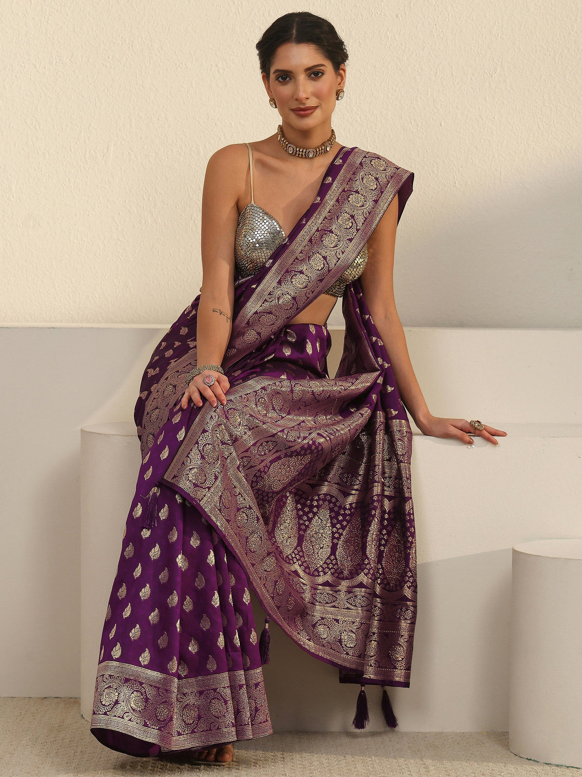Mameraa Wine Banarasi Silk Blend Saree
