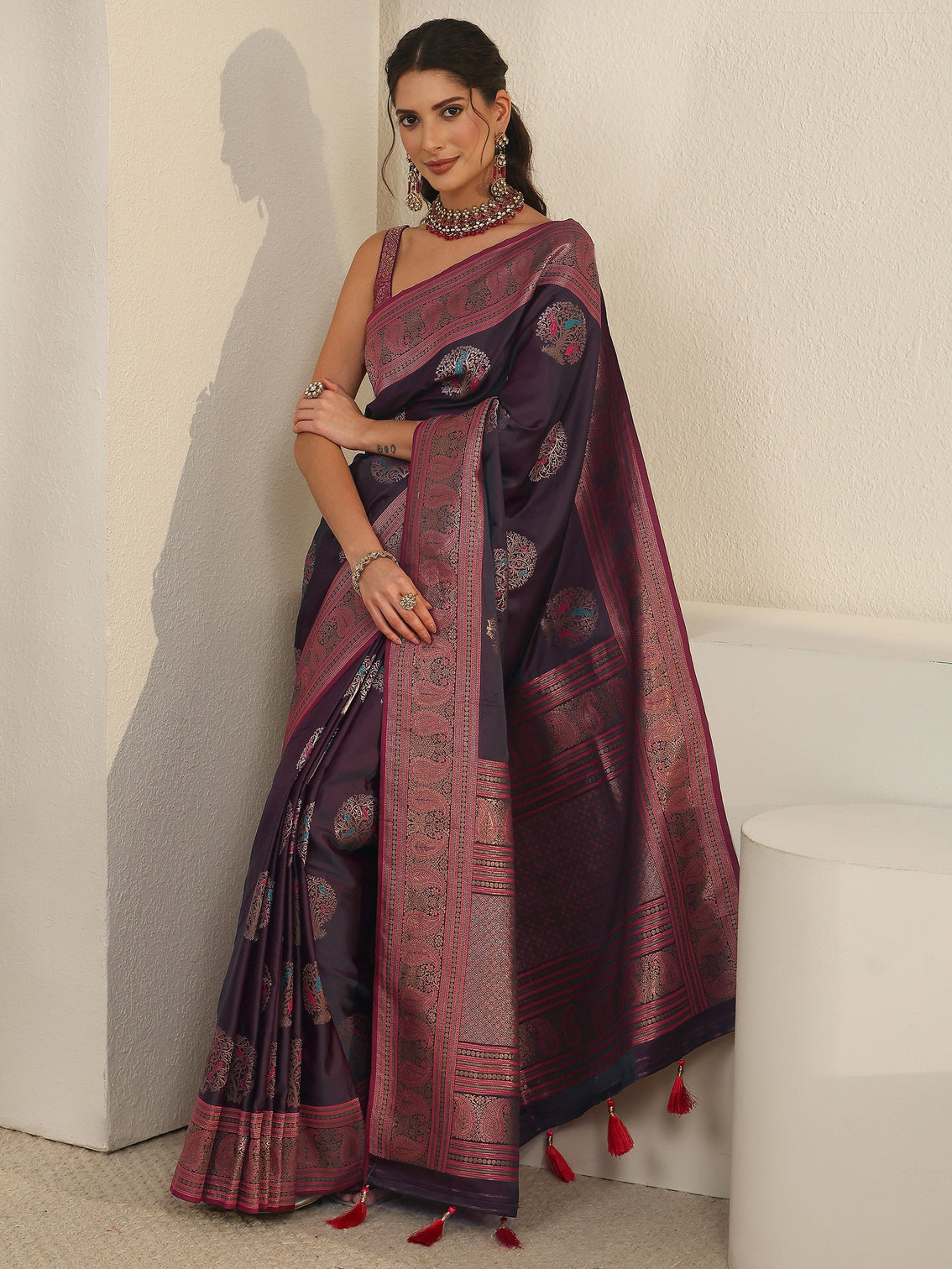 Mameraa Wine Ethnic Motif Woven Design Satin Saree