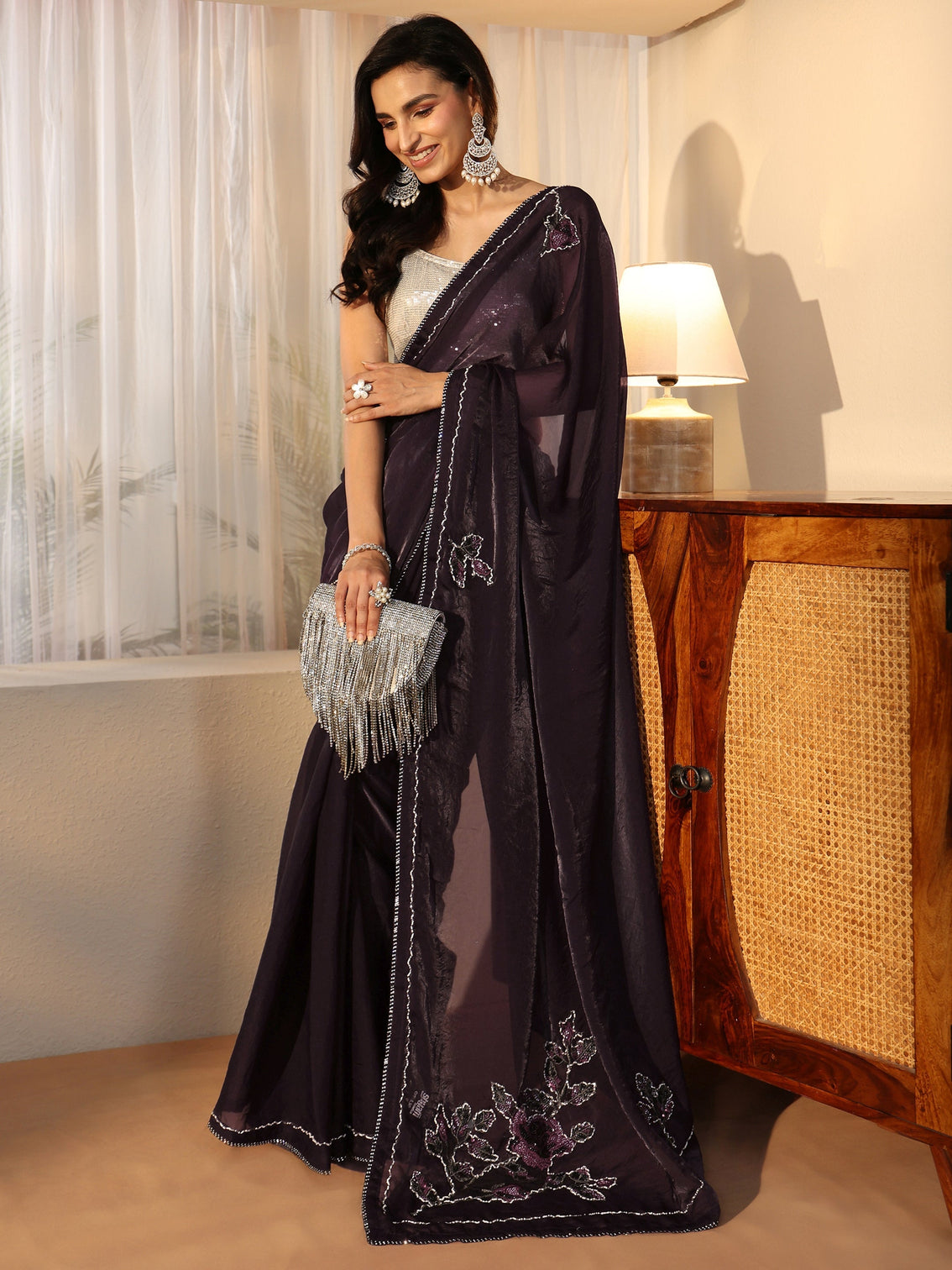 Mameraa Wine Floral Embellished Satin Saree