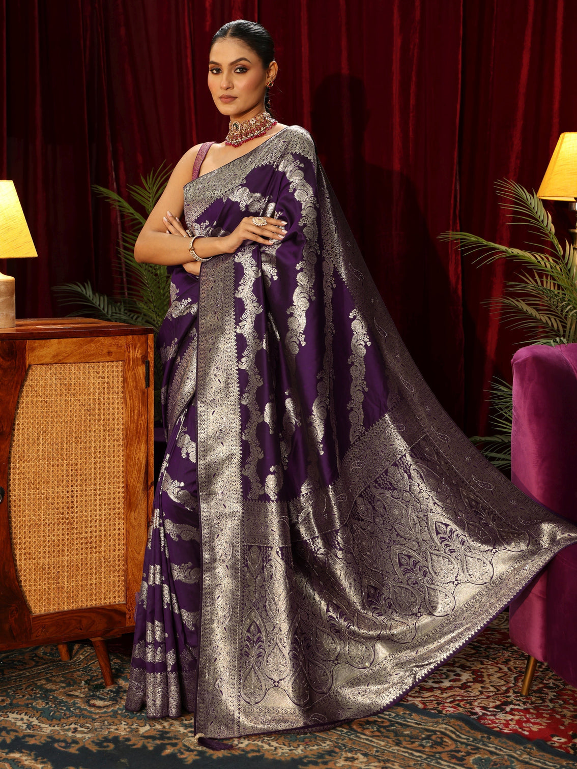 Mameraa Wine Floral Woven Design Silk Blend Saree