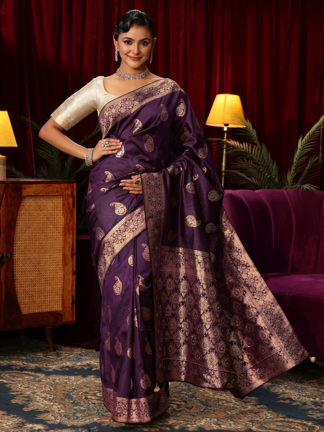 Mameraa Wine Paisley Woven Design Silk Blend Saree