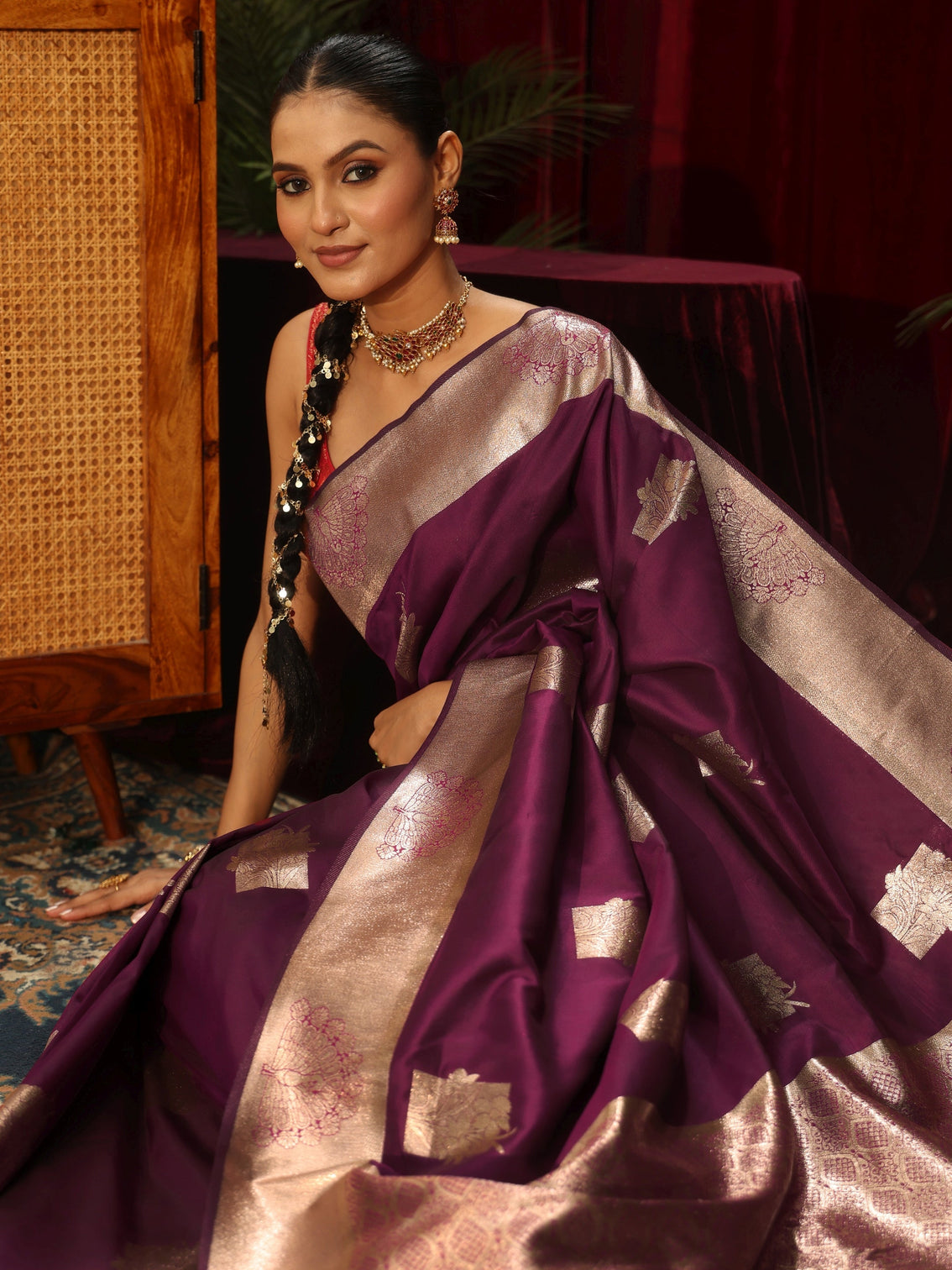 Mameraa Wine Peacock Woven Design Silk Blend Saree