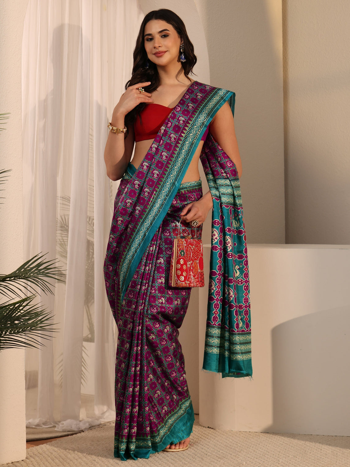 Mameraa Wine Printed Silk Blend Saree