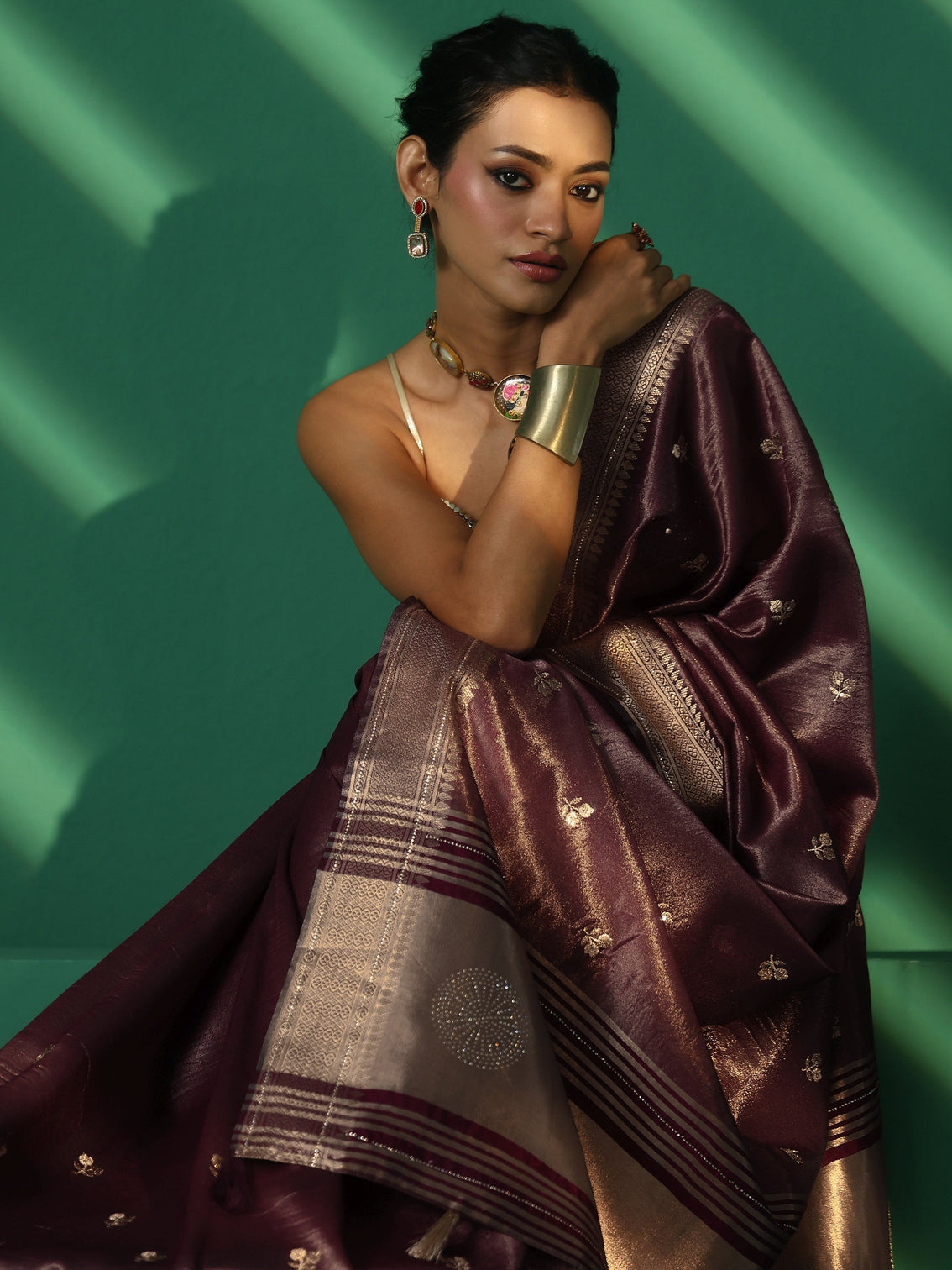 Mameraa Wine Purple Floral Embroidered Tissue Saree
