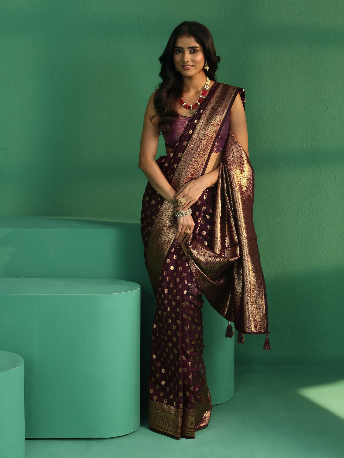 Mameraa Wine Red Banarasi Silk Blend Saree