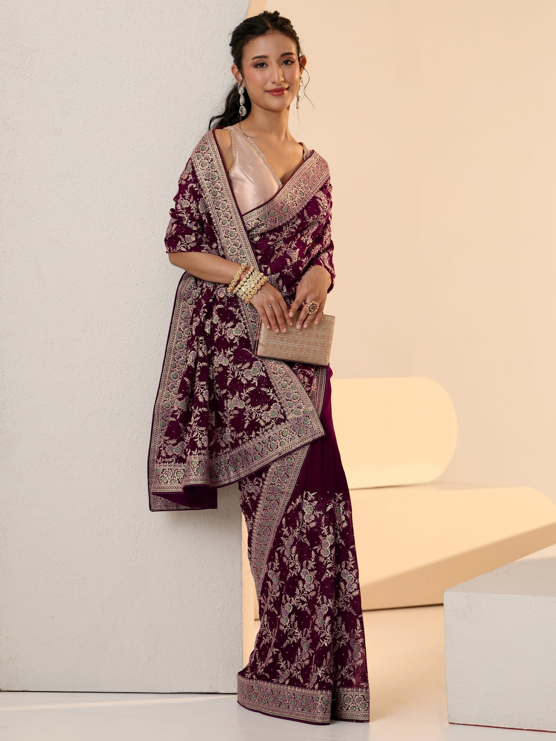 Mameraa Wine Red Floral  Embroidered Georgette Saree