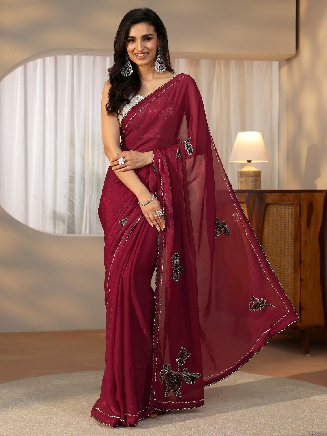 Mameraa Wine Red Floral Applique Design Satin Saree