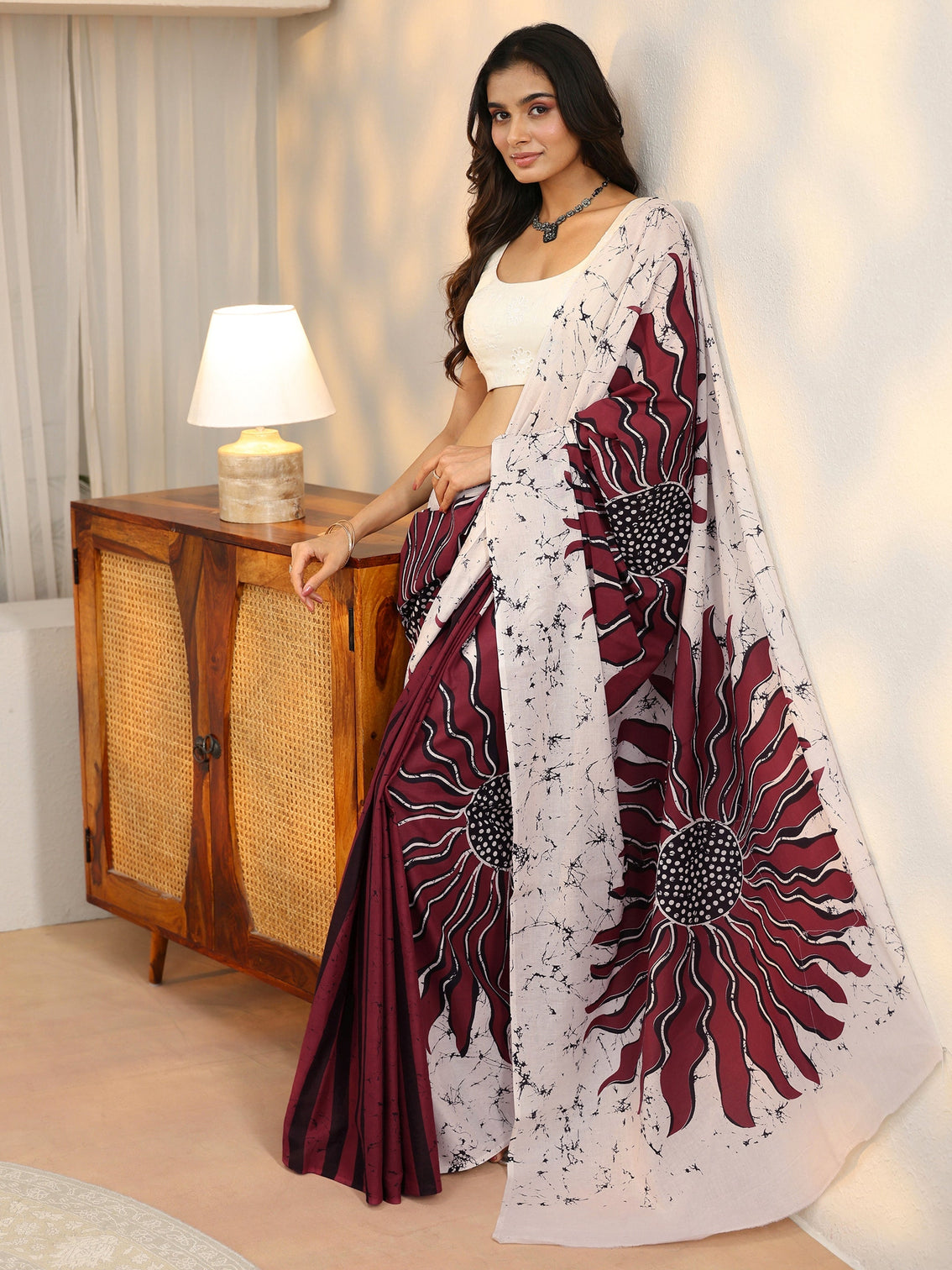 Mameraa Wine Red Screen Printed Cotton Saree