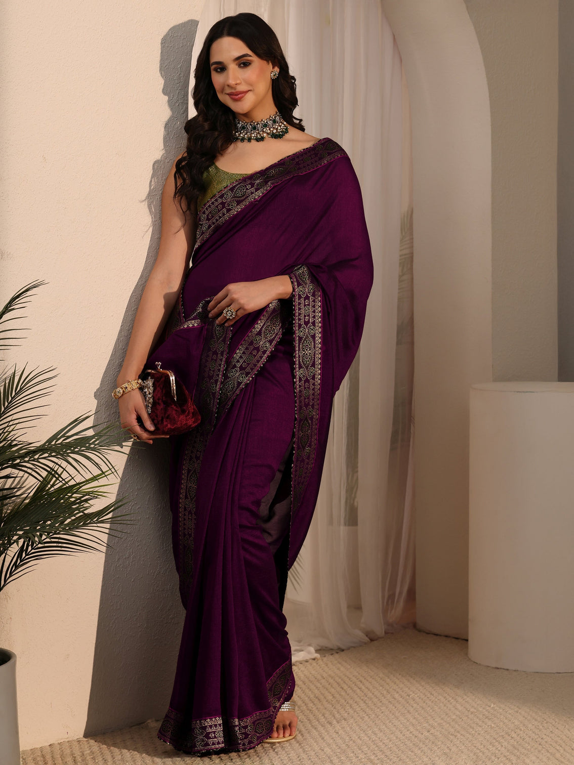 Mameraa Wine Silk Blend Saree with Woven Border
