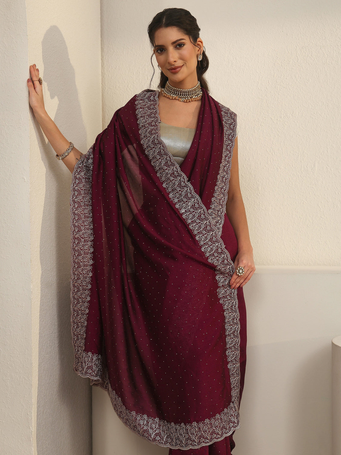 Mameraa Wine Stone Work Embellished Silk Blend Saree