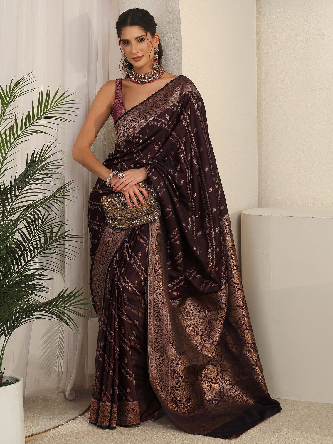 Mameraa Wine Woven Design Satin Saree