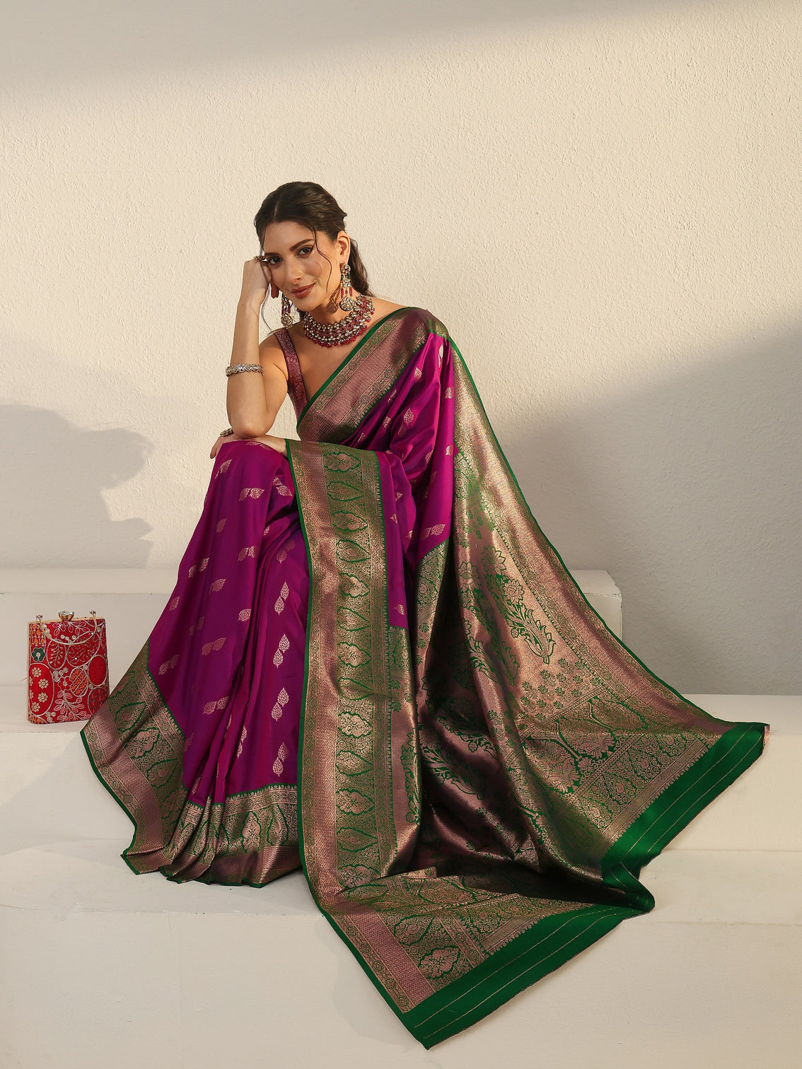Mameraa Wine and Green Banarasi Silk Blend Saree