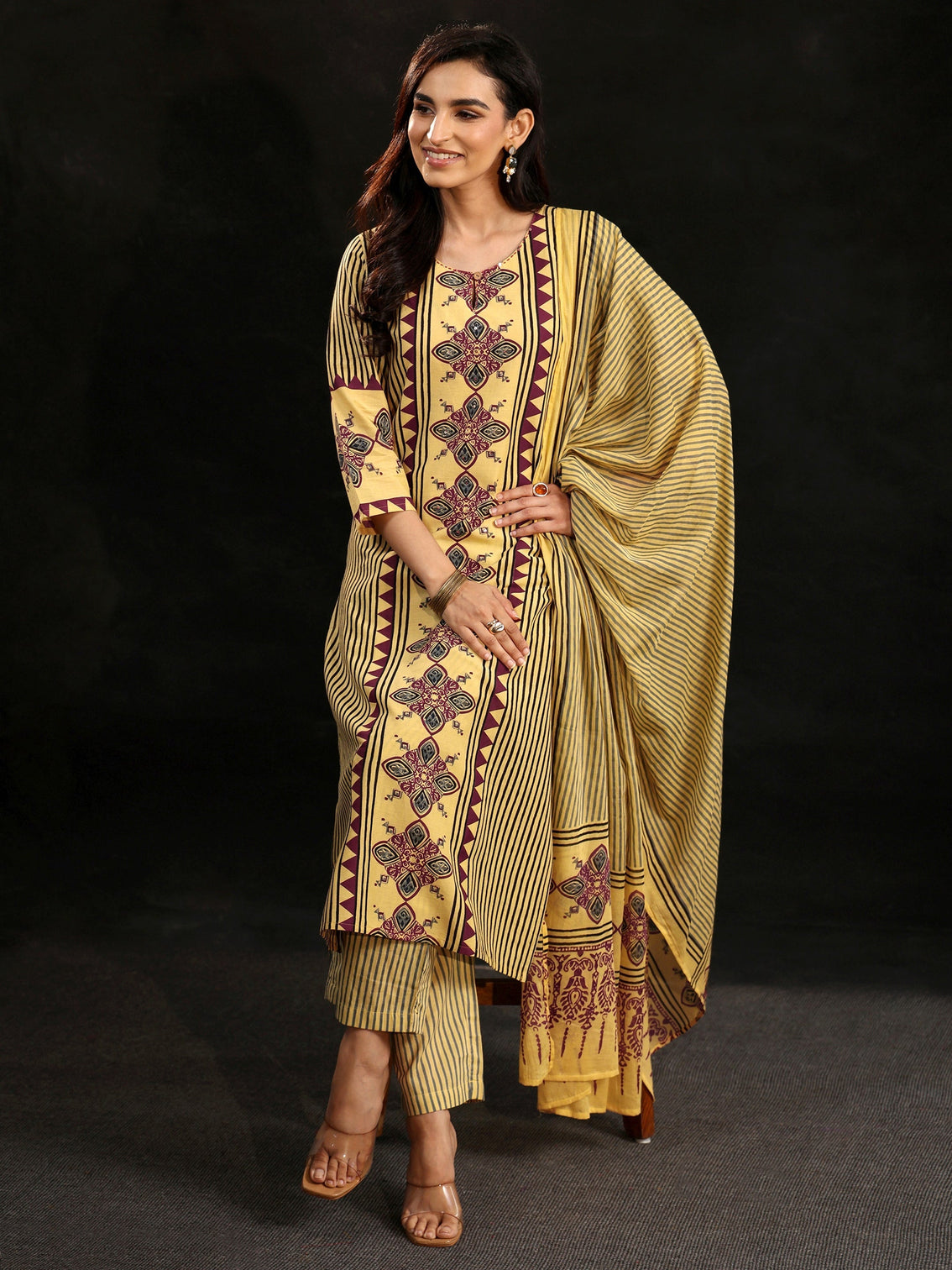 Mameraa Yellow Ajrakh Printed Cotton Straight Suit Set
