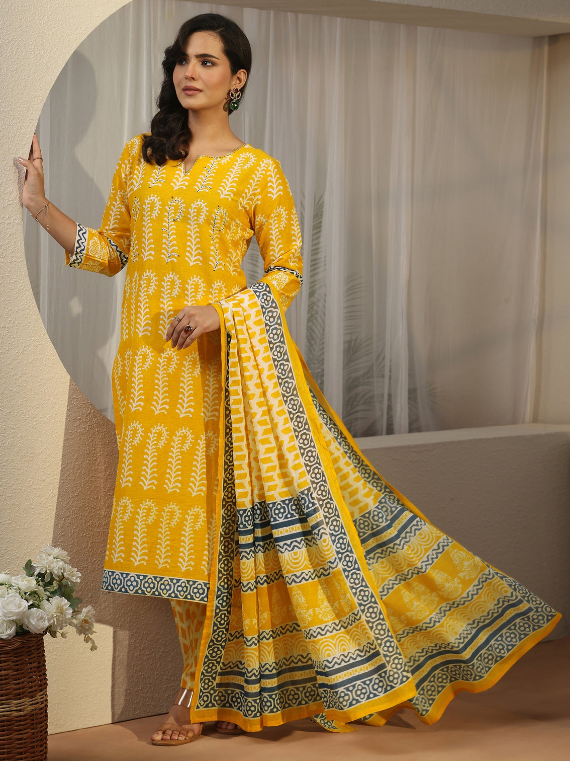 Mameraa Yellow Block Printed Cotton Straight Suit Set