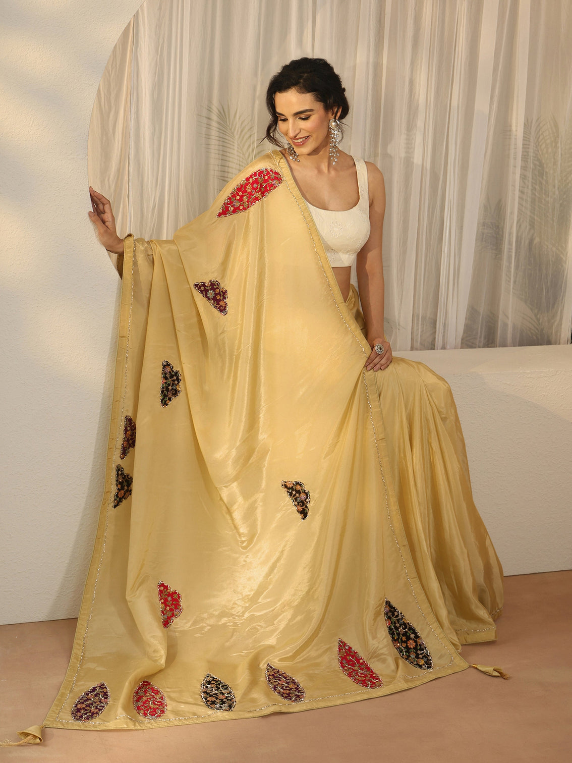 Mameraa Yellow Embellished Satin Saree with Applique Design
