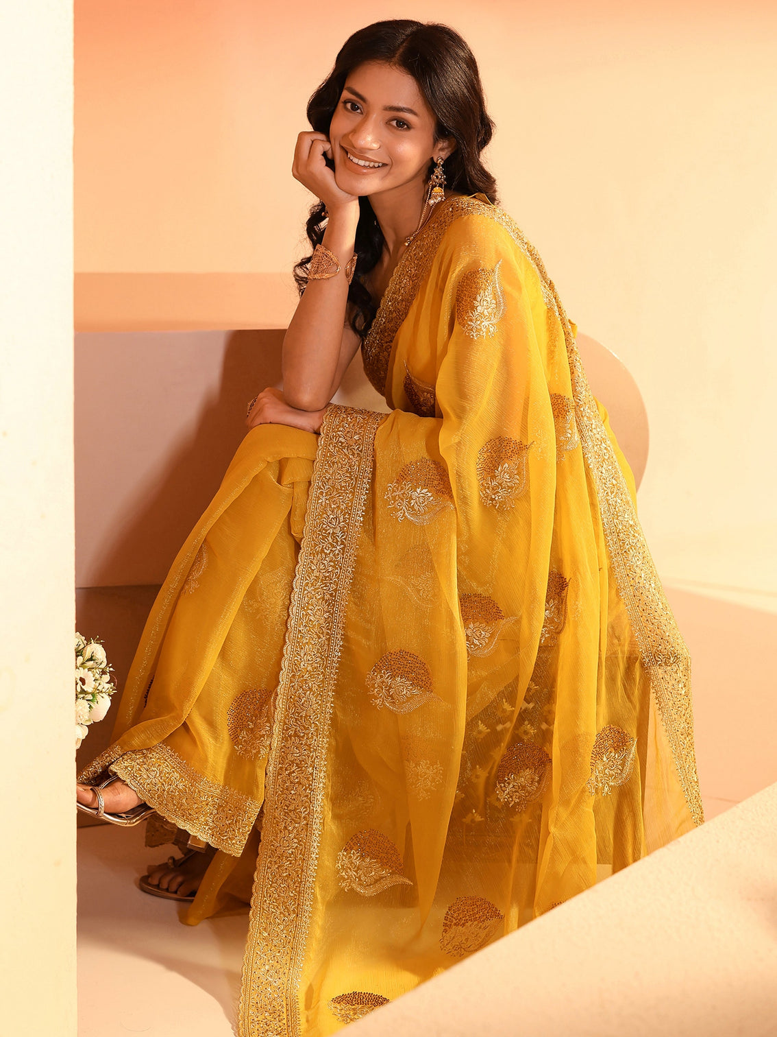 Mameraa Yellow Embroidered Chiffon Saree