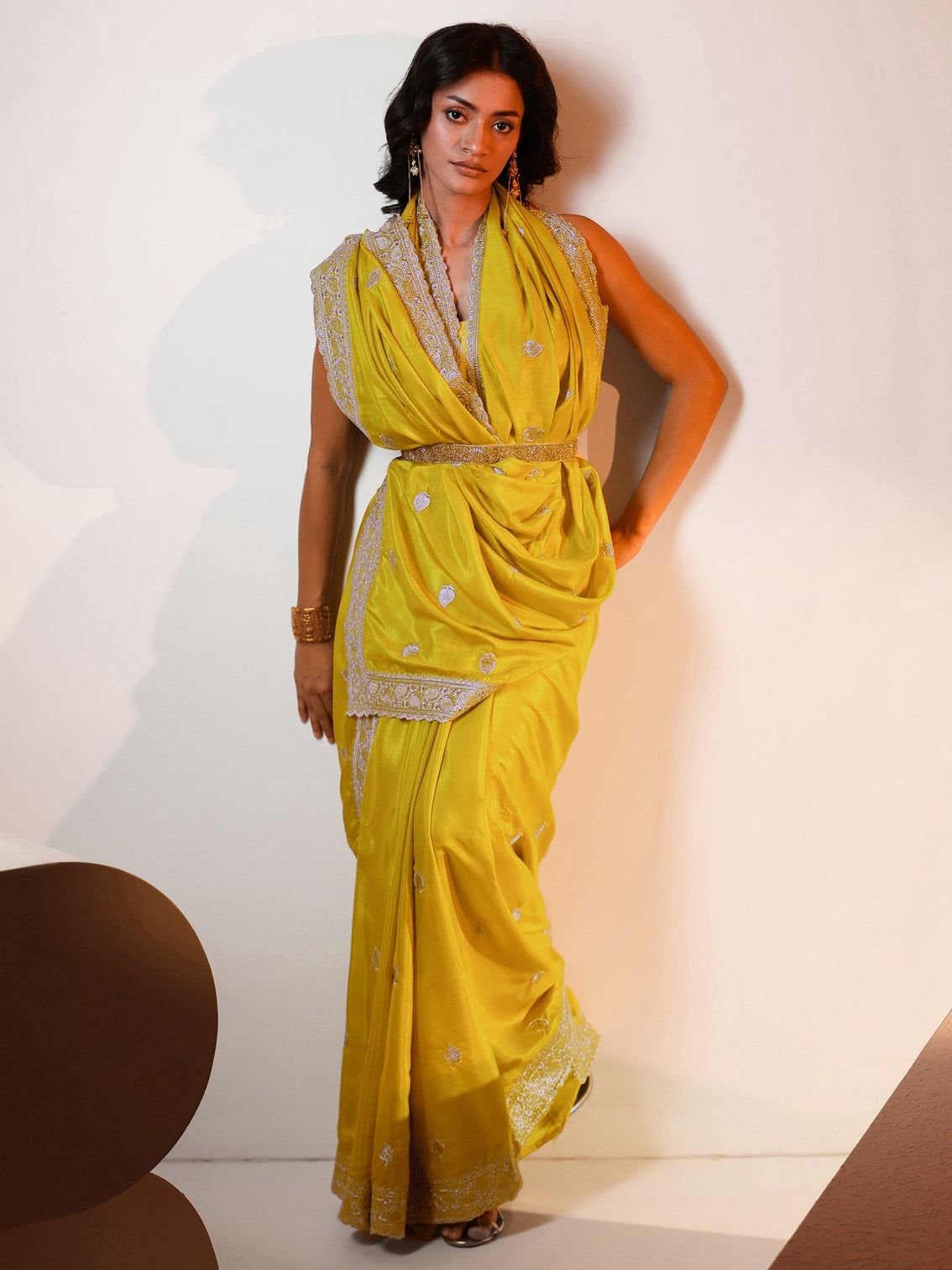 Mameraa Yellow Embroidered Silk Blend Saree