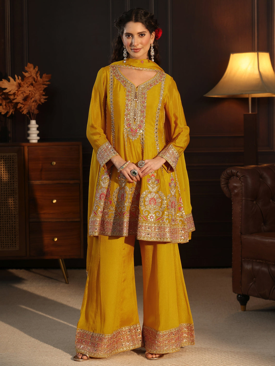 Mameraa Yellow Floral Embellished Chinon Palazzo Suit Set