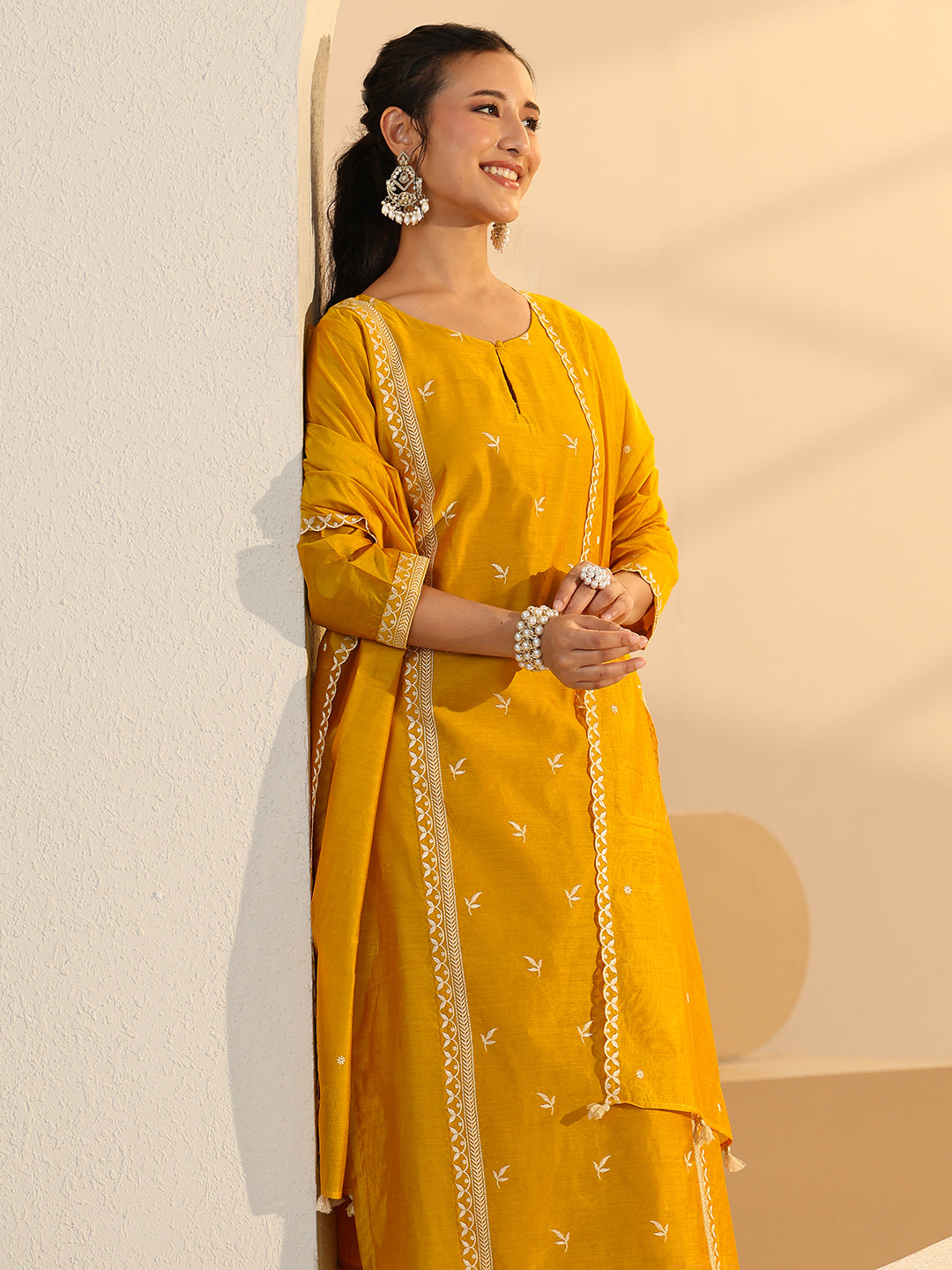 Mameraa Yellow Floral Embroidered Chanderi Silk Straight Suit Set