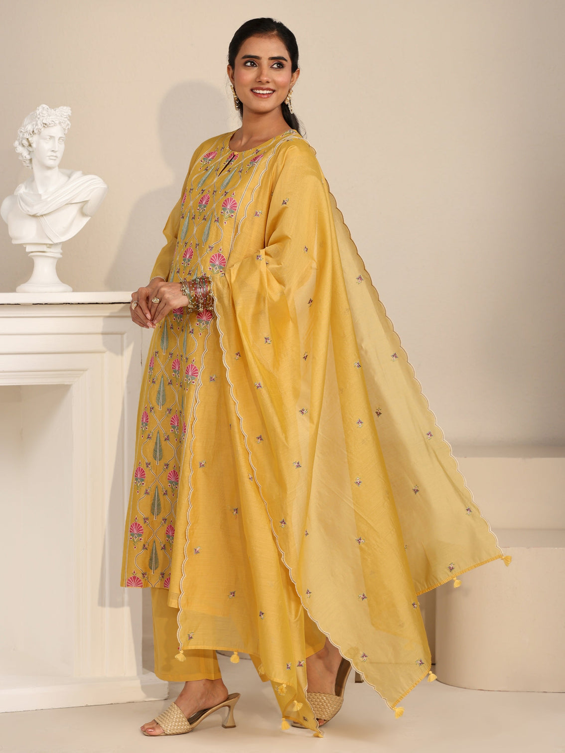 Mameraa Yellow Floral Embroidered Chanderi Silk Straight Suit Set