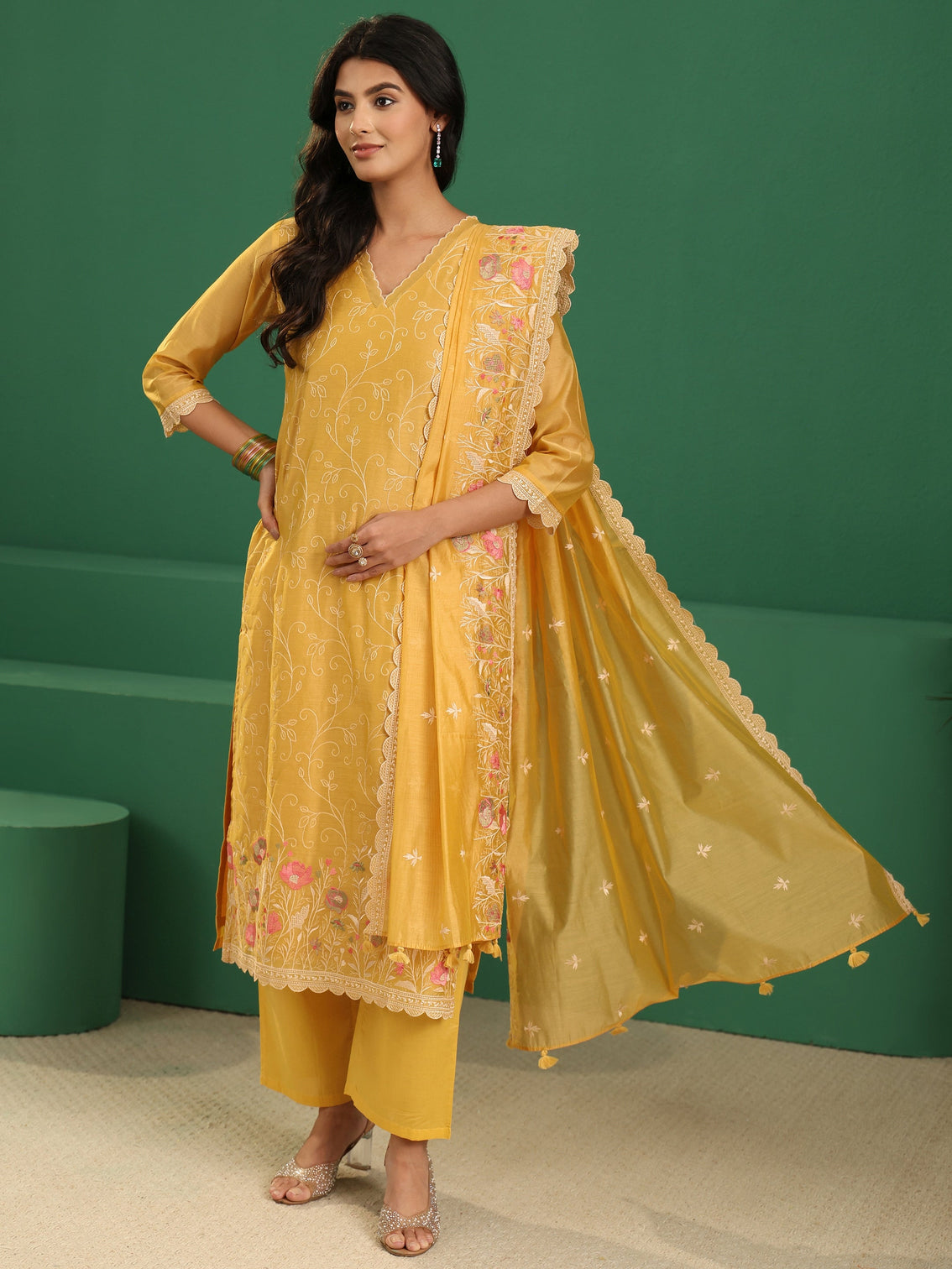 Mameraa Yellow Floral Embroidered Chanderi Silk Straight Suit Set