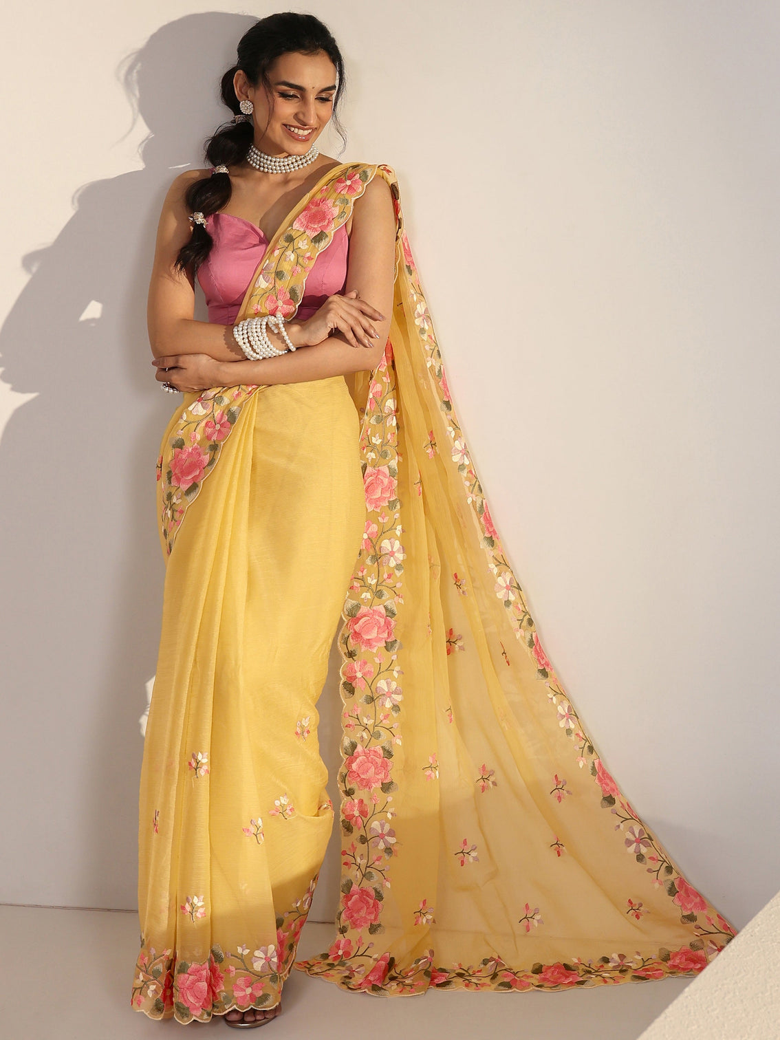 Mameraa Yellow Floral Embroidered Chiffon Saree with Scalloped Border