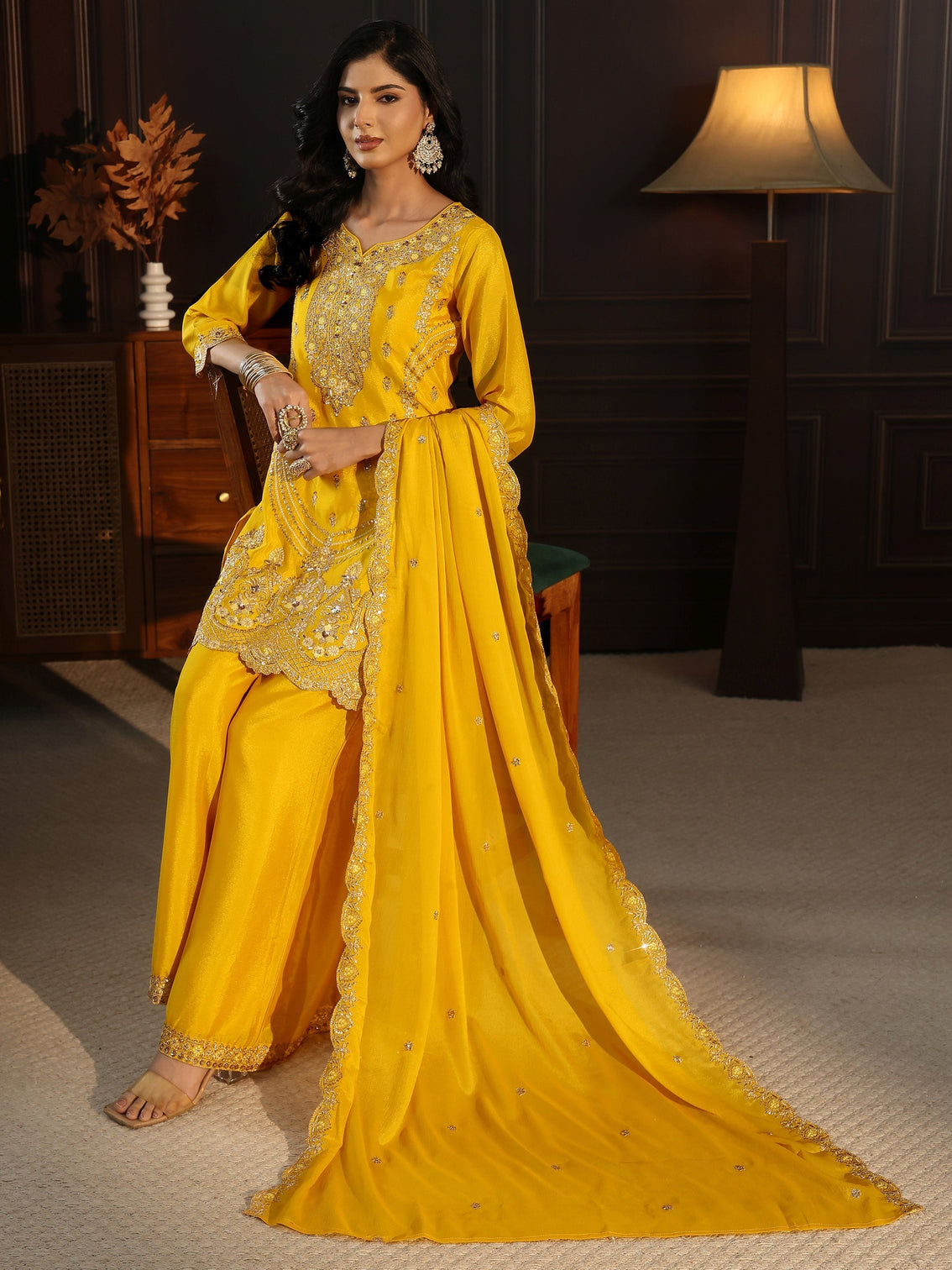 Mameraa Yellow Floral Embroidered Chinon Palazzo Suit Set