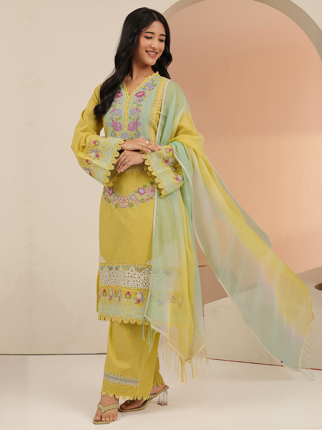 Mameraa Yellow Floral Embroidered Cotton Straight Suit Set