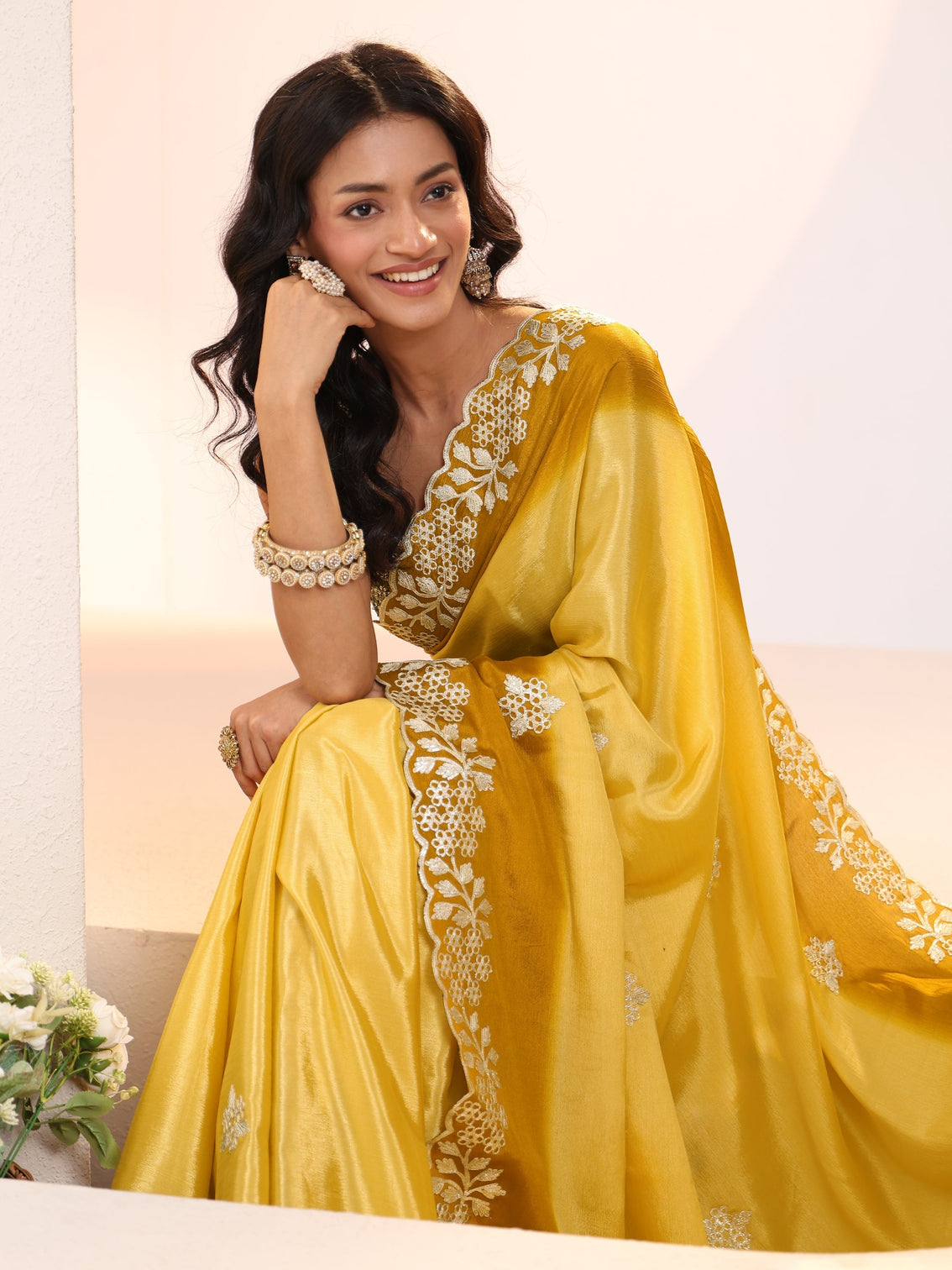 Mameraa Yellow Floral Embroidered Ombre Silk Blend Saree