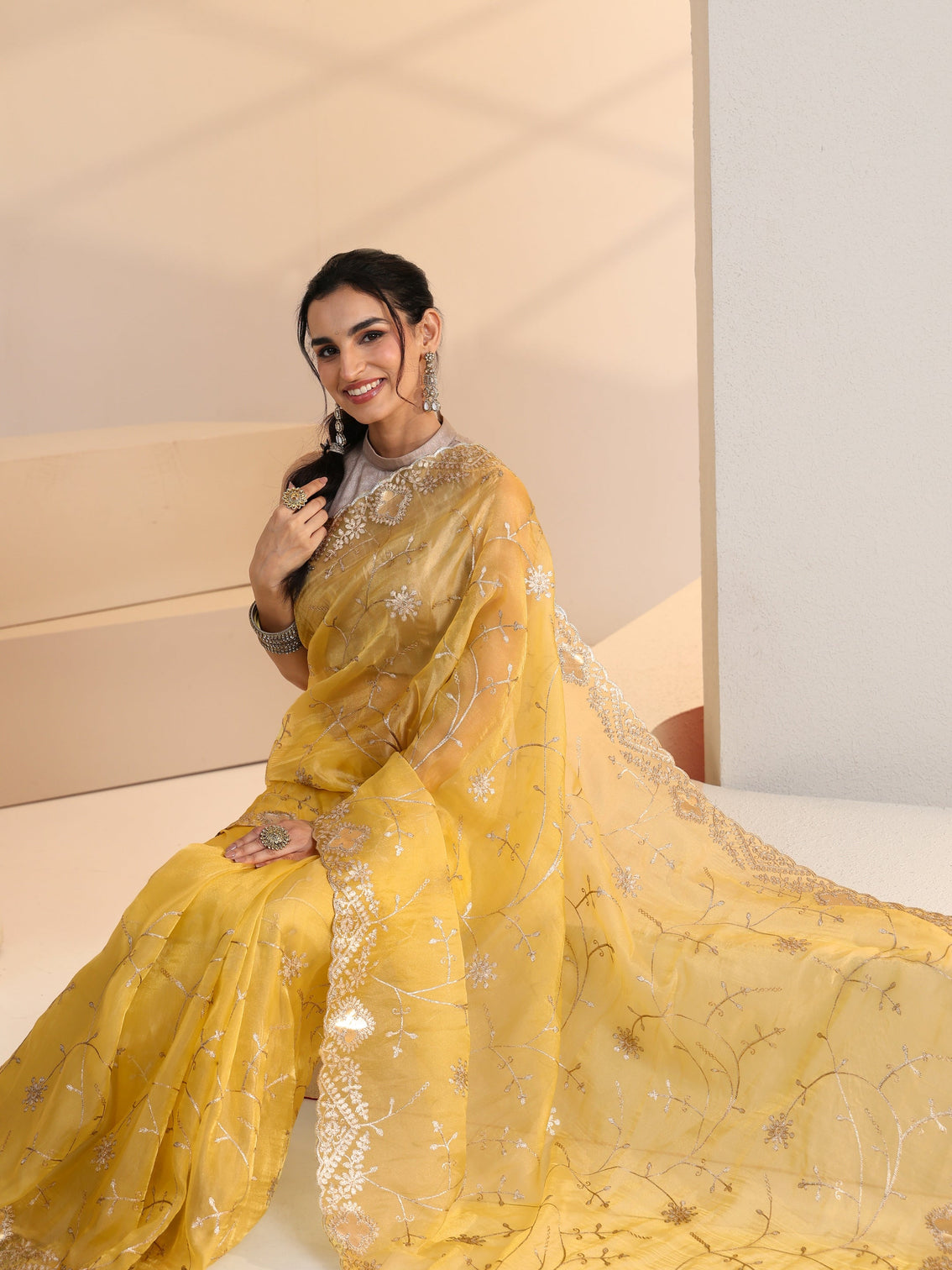 Mameraa Yellow Floral Embroidered Tissue Saree