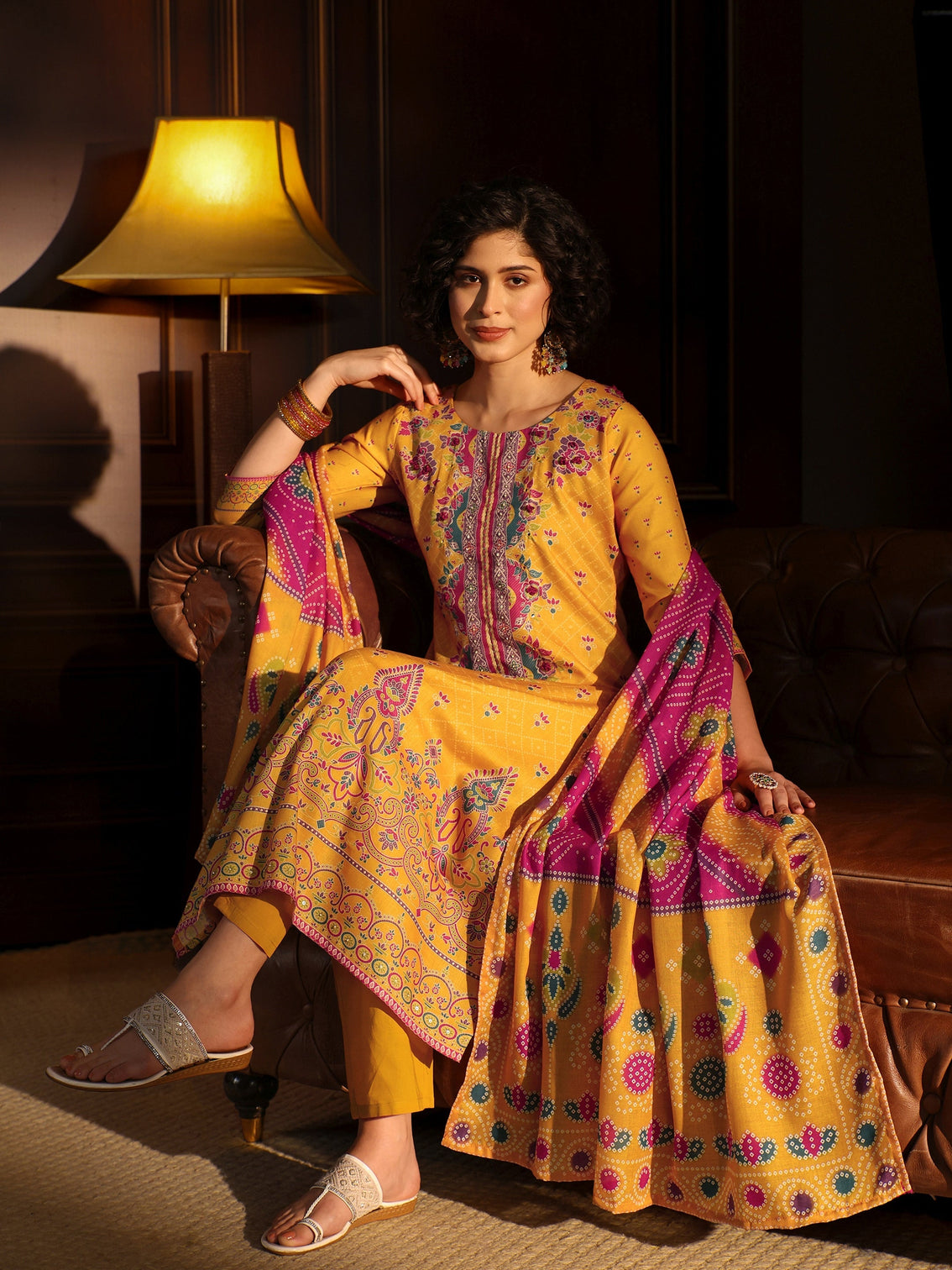 Mameraa Yellow Floral Printed Cotton Straight Suit Set