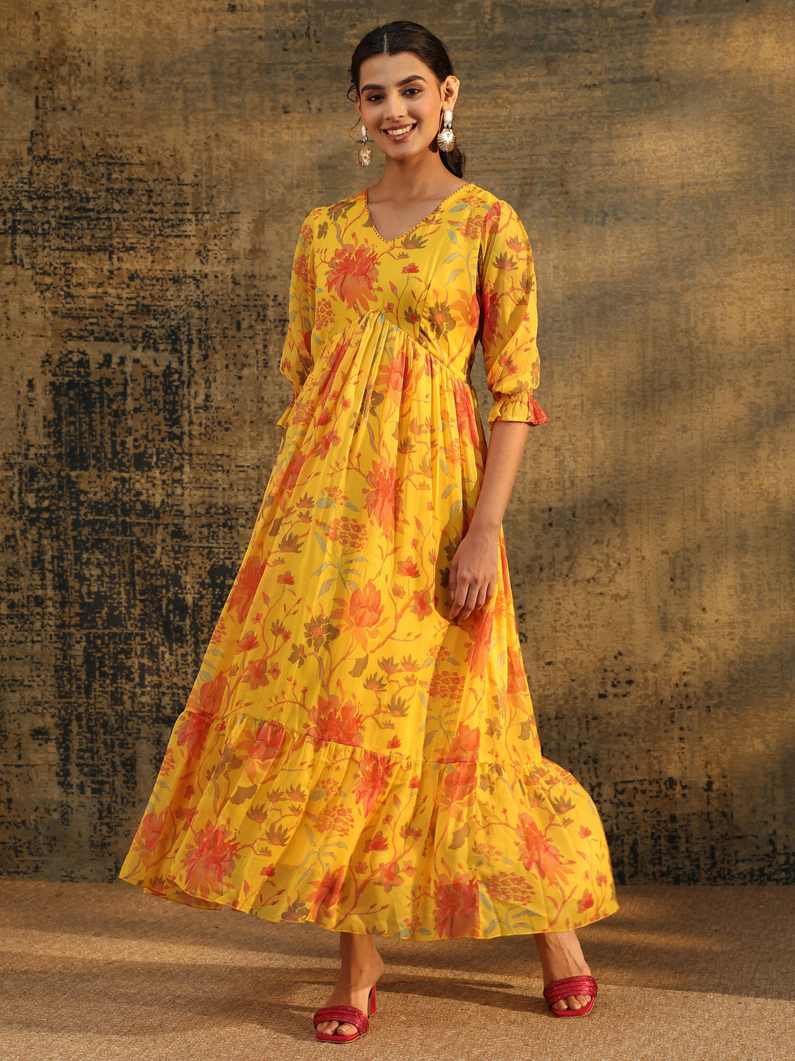 Mameraa Yellow Floral Printed Empire Chiffon Dress