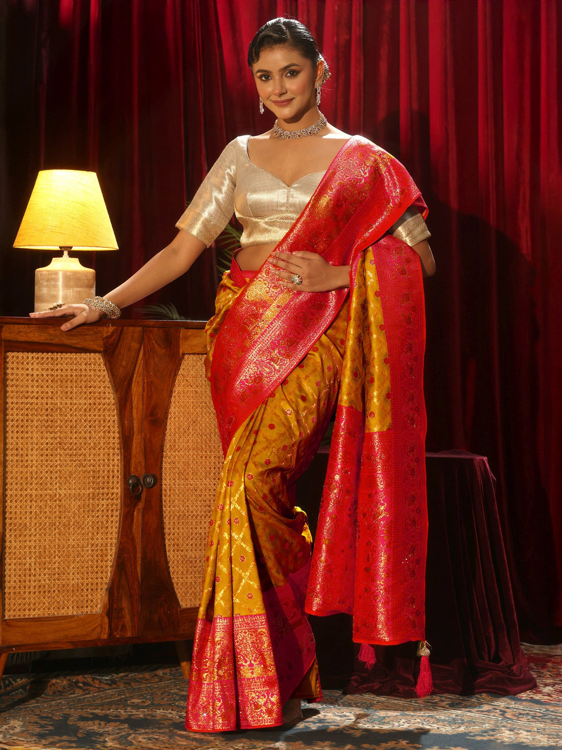 Mameraa Yellow Floral Woven Design Embellished Silk Blend Saree