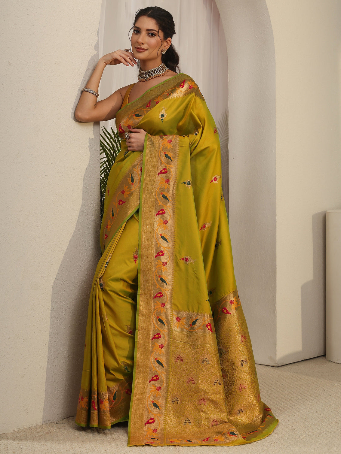 Mameraa Yellow Green Woven Design Silk Blend Saree