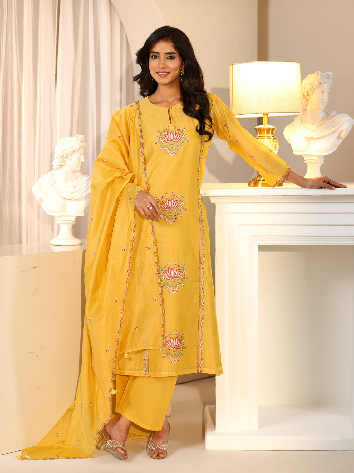 Mameraa Yellow Lotus Embroidered Chanderi Silk Straight Suit Set
