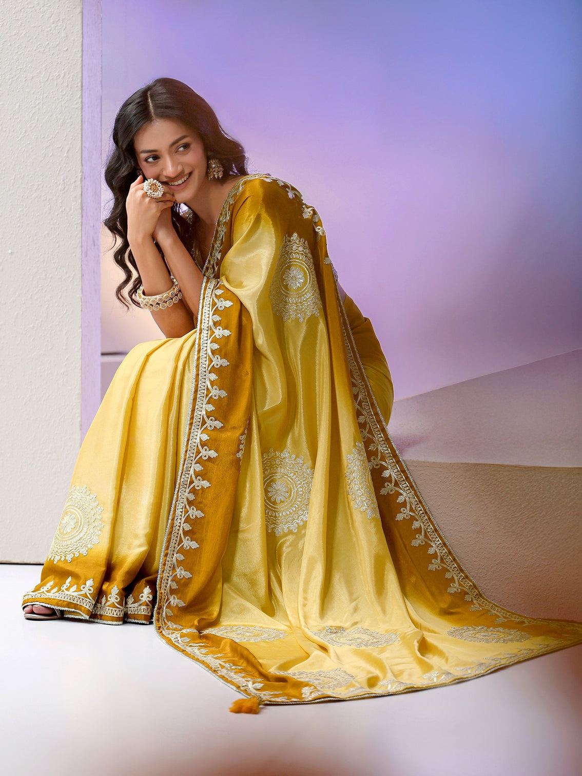 Mameraa Yellow Mandala Art Embroidered Ombre Silk Blend Saree