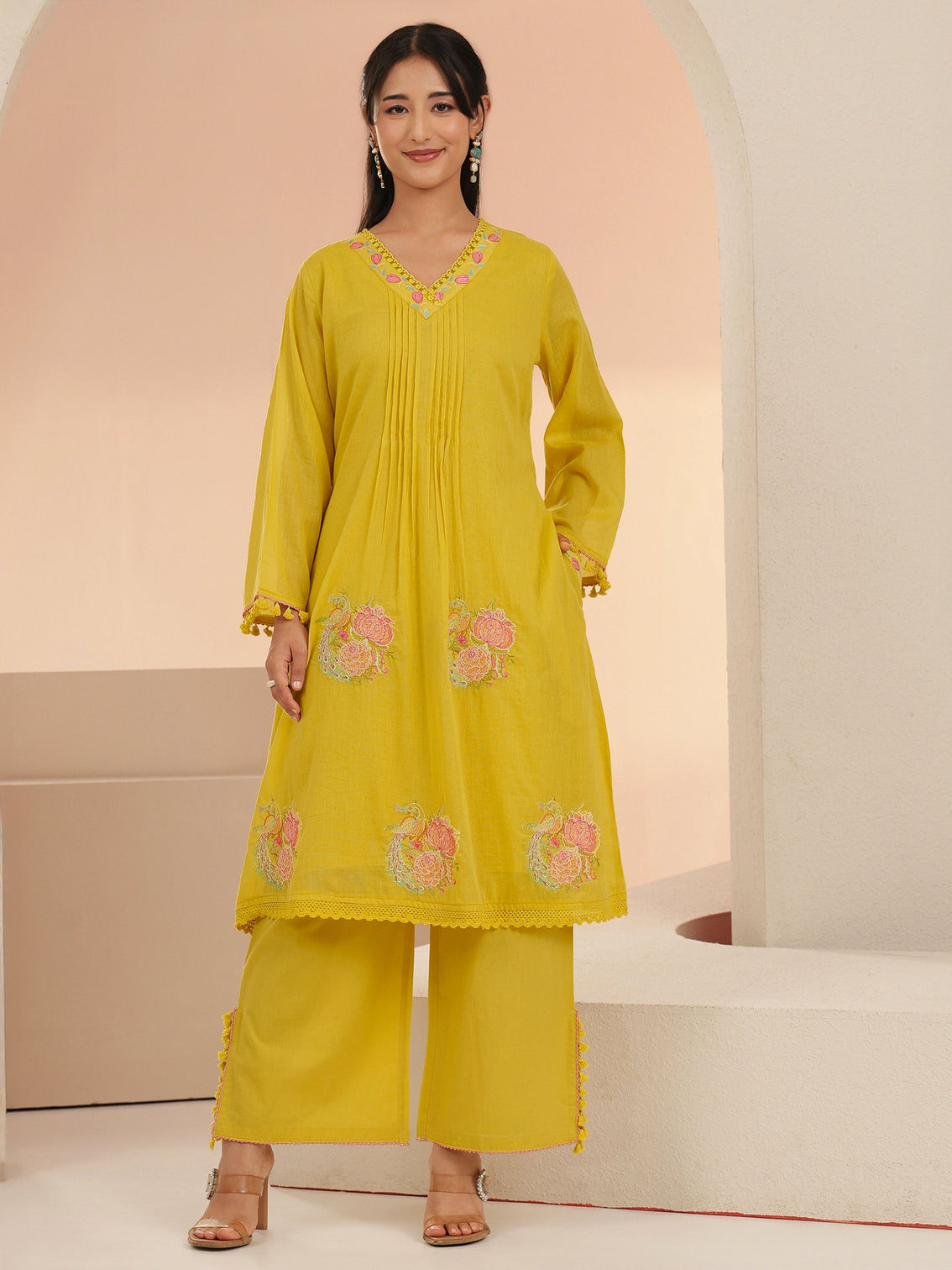 Mameraa Yellow Peacock Motif Cotton A-Line Kurta Set