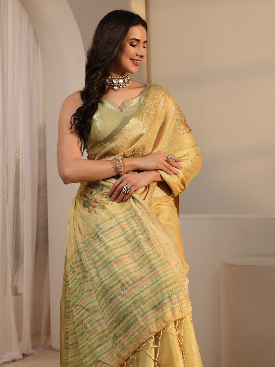 Mameraa Yellow Peacock Printed Silk Blend Tassel Saree